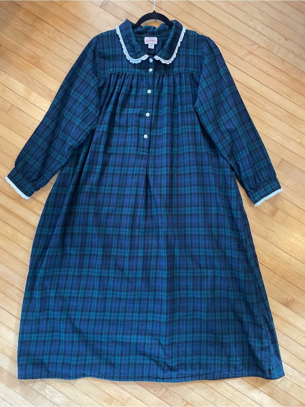 LANZ OF SALZBURG 2025 Cotton Flannel Nightgown Blackwatch Plaid Eyelet Lace